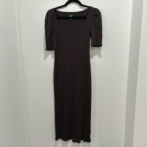 NWOT GAP Puff Sleeve Sweetheart Midi Dress Brown Noir SP Contemporary Capsule